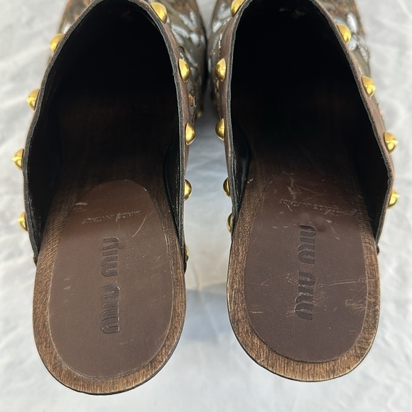 Miu Miu Italian Brown Velvet Embroidered Studded Heeled Clogs - Picture 9 of 9